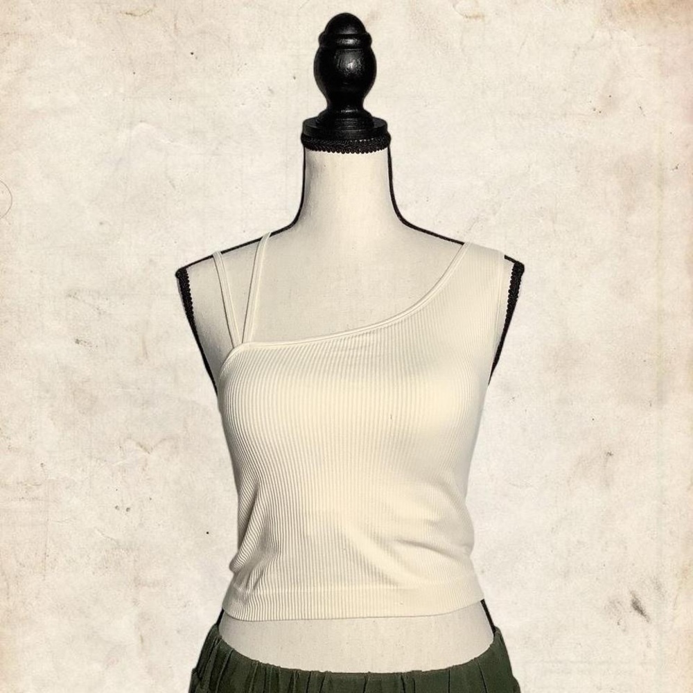 Cream Asymmetrical Ribbed Tank Top - Picture 1 of 9